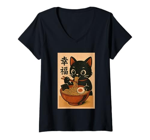 Damen Süße Kawaii-Katze frisst Ramen-Nudel Retro Japanische Anime-Katze T-Shirt mit V-Ausschnitt von Vintage Cat Eating Ramen Japanese Noodles tees