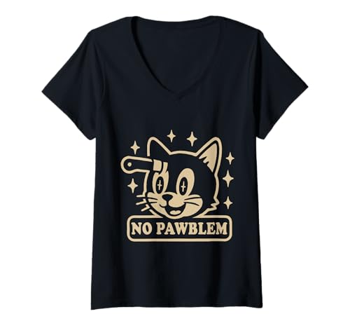 Damen Lustige Katzen-Wortspiele im Vintage-Stil ohne Pfoten T-Shirt mit V-Ausschnitt Damen Lustige Katzen-Wortspiele im Vintage-Stil ohne Pfoten T-Shirt mit V-Ausschnitt von Vintage Cat No Pawblem Funny Kitten Pun