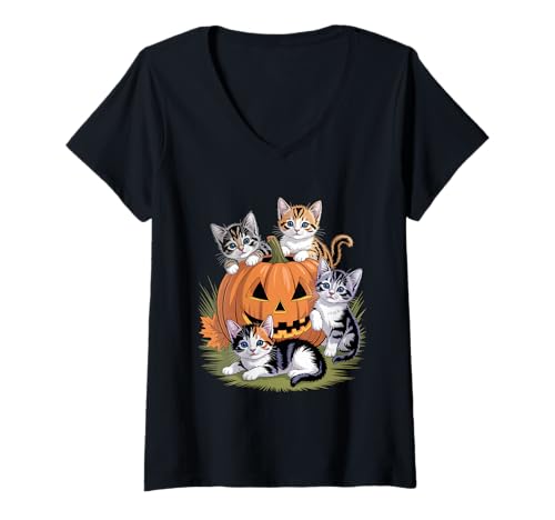 Damen Vintage Katze Kürbis Katze Halloween Retro Floral Kätzchen Katzen T-Shirt mit V-Ausschnitt Damen Vintage Katze Kürbis Katze Halloween Retro Floral Kätzchen Katzen T-Shirt mit V-Ausschnitt von Vintage Cat Pumpkin Vibes