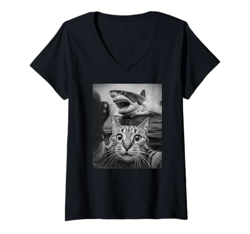 Damen Lustiges Katzen-Selfie mit Hai T-Shirt mit V-Ausschnitt Damen Lustiges Katzen-Selfie mit Hai T-Shirt mit V-Ausschnitt von Vintage Cat Selfie with Shark