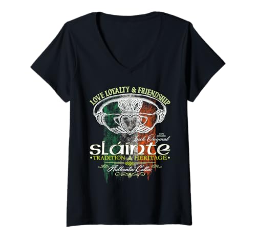 Damen Keltische Claddagh Slainte Schmutz-irische Flagge T-Shirt mit V-Ausschnitt von Vintage Celtic Claddagh Slainte Streetwear