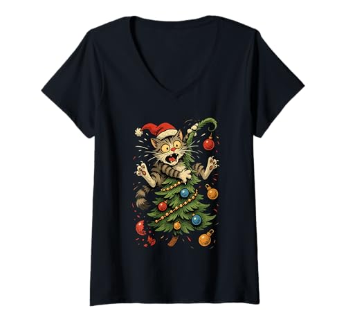 Damen Lustige Katze Weihnachtsbaum Meme Retro Weihnachten Tier T-Shirt mit V-Ausschnitt Damen Lustige Katze Weihnachtsbaum Meme Retro Weihnachten Tier T-Shirt mit V-Ausschnitt von Vintage Christmas Cat Meme Funny XMAS Design