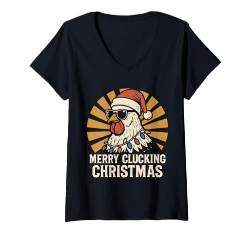 Damen Merry Clucking Christmas Chicken Sonnenbrille Retro Vintage T-Shirt mit V-Ausschnitt von Vintage Christmas Chicken