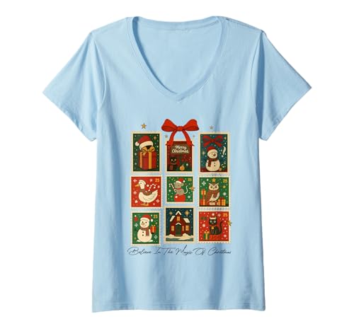 Damen Retro Weihnachten Vintage Xmas Postal Briefmarke T-Shirt mit V-Ausschnitt von Vintage Christmas Men Women Apparel Clothes Ideas