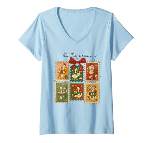 Damen Tis The Season Retro Weihnachts-Gans Weihnachtsbriefstempel T-Shirt mit V-Ausschnitt von Vintage Christmas Men Women Apparel Clothes Ideas