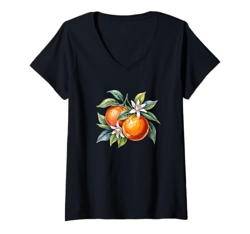 Damen Aquarell Orangen und Blüten Botanische Obstkunst T-Shirt mit V-Ausschnitt Damen Aquarell Orangen und Blüten Botanische Obstkunst T-Shirt mit V-Ausschnitt von Vintage Citrus Design