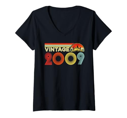 Damen Vintage 2009 Classic Year 2009 Birth of Birthday Vintage T-Shirt mit V-Ausschnitt von Vintage Classic Birthday Idea Retro Years Store