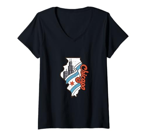 Damen Chicago Skyline und Flagge im Inneren, Illinois Karte, Retro-Reise T-Shirt mit V-Ausschnitt von Vintage Clothing Store
