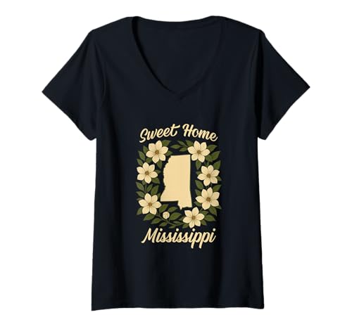 Damen Magnolien-Blumen mit Mississippi Staatskarte Vintage T-Shirt mit V-Ausschnitt von Vintage Clothing Store