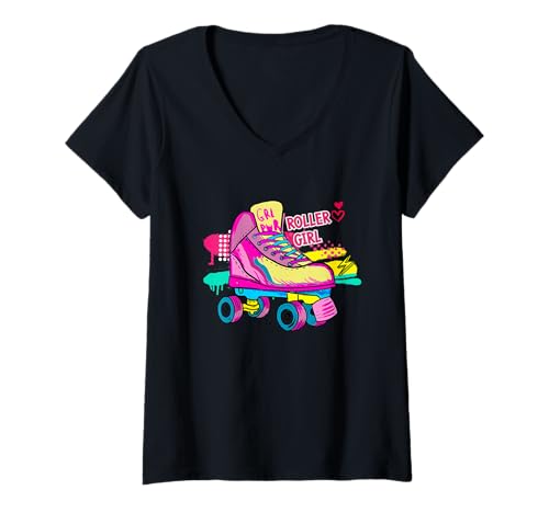 Damen Rollschuhläufer für Mädchen, niedlicher bunter Rollschuh, Retro T-Shirt mit V-Ausschnitt von Vintage Clothing Store