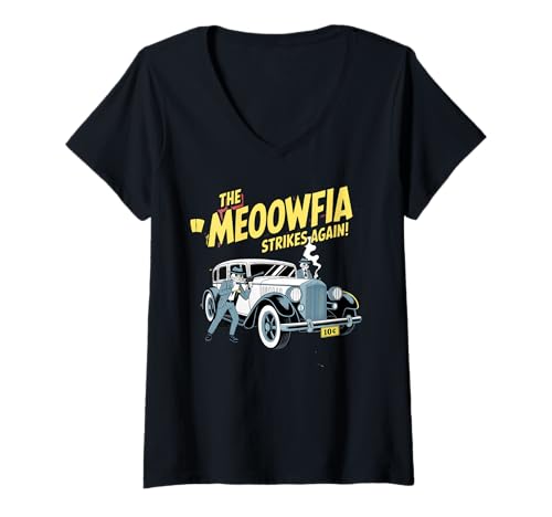 Damen Die Meoowfia schlägt Wieder EIN Retro Funny Cat Mafia T-Shirt mit V-Ausschnitt Damen Die Meoowfia schlägt Wieder EIN Retro Funny Cat Mafia T-Shirt mit V-Ausschnitt von Vintage Comic Style Gangster Katzenliebhaber Humor