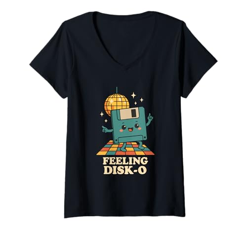 Damen Retro Kawaii Floppy Disk Retro Tech Witz 80er 90er Tanzdisco T-Shirt mit V-Ausschnitt Damen Retro Kawaii Floppy Disk Retro Tech Witz 80er 90er Tanzdisco T-Shirt mit V-Ausschnitt von Vintage Computer Work Joke Coder Gamer IT Nerd