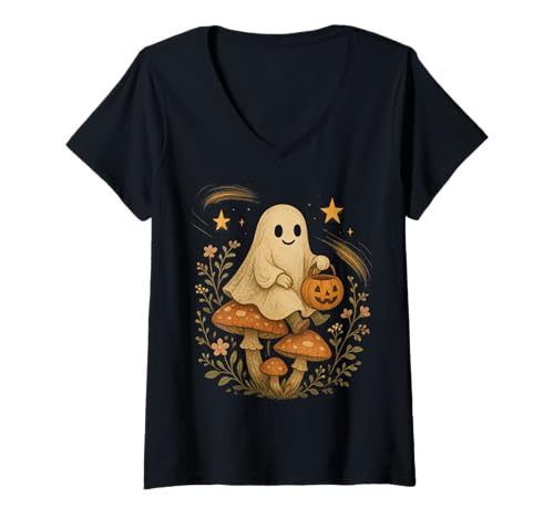 Damen Niedlicher Geisterpilz Cottagecore Halloween Vintage Ästhetik T-Shirt mit V-Ausschnitt Damen Niedlicher Geisterpilz Cottagecore Halloween Vintage Ästhetik T-Shirt mit V-Ausschnitt von Vintage Cottagecore Ghost Mushroom Aesthetic