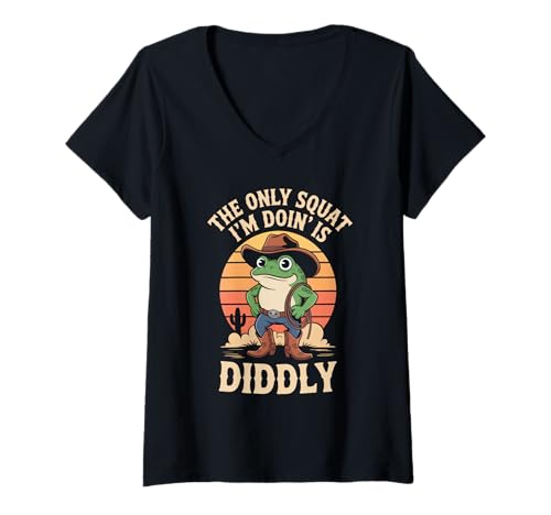 Damen Meme Die einzige Kniebeu gedie ich Mache ist EIN Diddly Frog T-Shirt mit V-Ausschnitt Damen Meme Die einzige Kniebeu gedie ich Mache ist EIN Diddly Frog T-Shirt mit V-Ausschnitt von Vintage Cowboy Frog Meme Retro Diddly Tee Co.