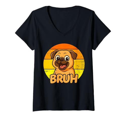 Damen Bruh Lustiger Mops, sarkastischer Retro-Sonnenuntergang, alberner Welpen-Hundeliebhaber T-Shirt mit V-Ausschnitt Damen Bruh Lustiger Mops, sarkastischer Retro-Sonnenuntergang, alberner Welpen-Hundeliebhaber T-Shirt mit V-Ausschnitt von Vintage Cute Animal Pet Owner Humor Pug Meme Kids