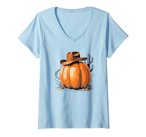 Damen Western Herbst Kürbis Cowboyhut Kaktus Hufeisen Spaß T-Shirt mit V-Ausschnitt Damen Western Herbst Kürbis Cowboyhut Kaktus Hufeisen Spaß T-Shirt mit V-Ausschnitt von Vintage Cute Country Autumn Season Décor CLR
