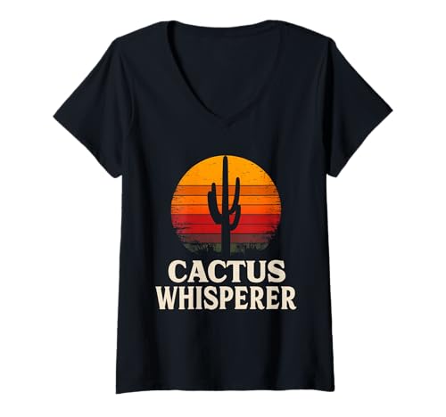 Damen Cactus Whisperer Wüstenkaktus Vintage Saguaro Pflanzenliebhaber T-Shirt mit V-Ausschnitt von Vintage Desert Sunsets Saguaro Cactus Retro Tees