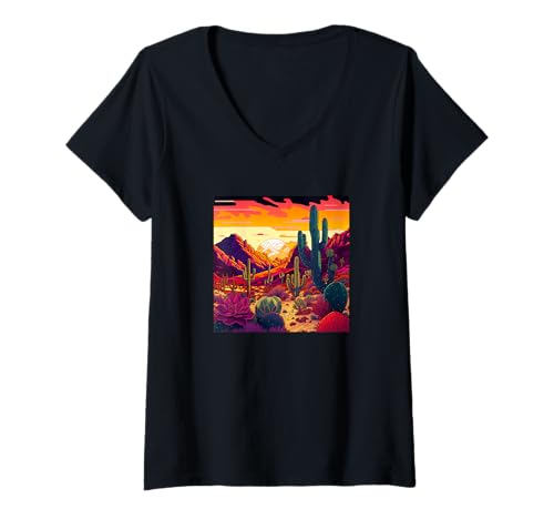 Damen Wüstenlandschaft Szene Kaktus Berge T-Shirt mit V-Ausschnitt Damen Wüstenlandschaft Szene Kaktus Berge T-Shirt mit V-Ausschnitt von Vintage Desert Vibe Graphics