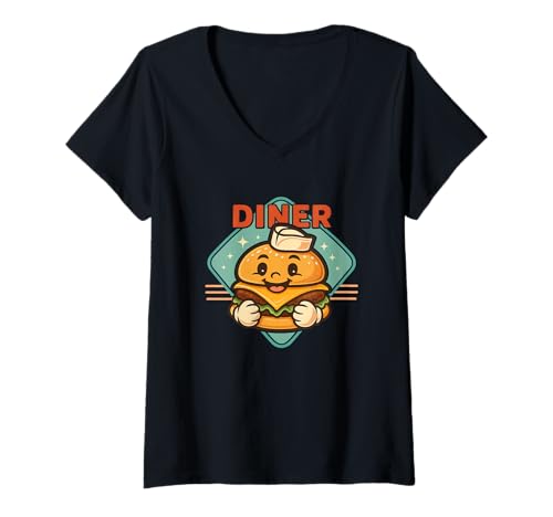 Damen Retro Diner Hamburger Cheeseburger Vintage Fun T-Shirt mit V-Ausschnitt Damen Retro Diner Hamburger Cheeseburger Vintage Fun T-Shirt mit V-Ausschnitt von Vintage Diner Hamburger Retro Fast Food Delight