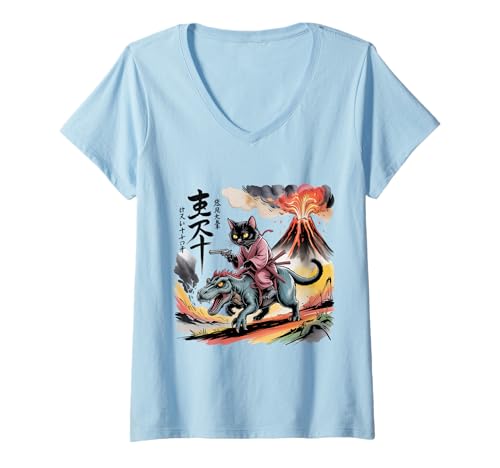 Damen Samurai Katze Reitet T-Rex Vulkan Japan Vintage Kunst T-Shirt mit V-Ausschnitt von Vintage Dino Mashup Japanische Comic Kunst