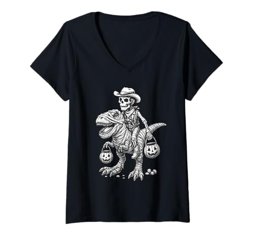 Damen Cowboy Skelett Reiten Mama Dinosaurier T-Rex Halloween Gothic T-Shirt mit V-Ausschnitt von Vintage Dino Spooky Season Costume Western Lovers