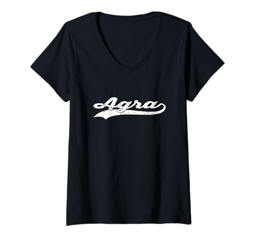 Damen Agra Indien Vintage Kursiver Stadtname Urlaubsmodus T-Shirt mit V-Ausschnitt von Vintage Distressed City Name Travel Sports Style