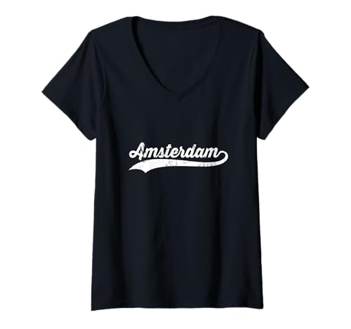 Damen Amsterdam Niederlande Vintage Kursive Stadt Name Urlaub T-Shirt mit V-Ausschnitt von Vintage Distressed City Name Travel Sports Style