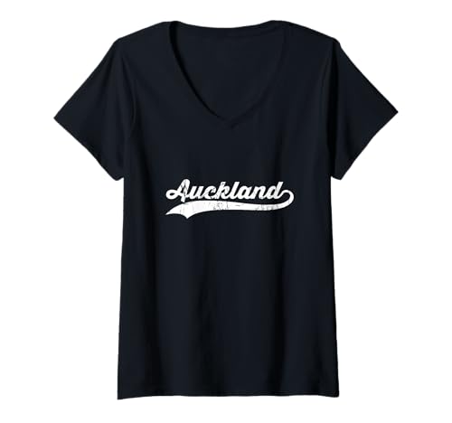 Damen Auckland Neuseeland Vintage Kursive Stadt Name Urlaub Modus T-Shirt mit V-Ausschnitt von Vintage Distressed City Name Travel Sports Style