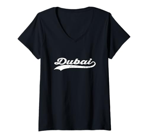 Damen Dubai VAE Vintage Kursiver Stadtname Urlaubsmodus T-Shirt mit V-Ausschnitt Damen Dubai VAE Vintage Kursiver Stadtname Urlaubsmodus T-Shirt mit V-Ausschnitt von Vintage Distressed City Name Travel Sports Style