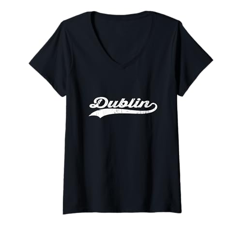 Damen Dublin Irland Vintage Kursiver Stadtname Urlaubsmodus T-Shirt mit V-Ausschnitt von Vintage Distressed City Name Travel Sports Style
