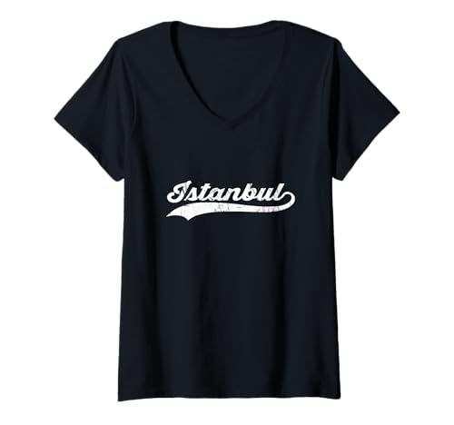 Damen Istanbul Türkei Vintage Kursiver Stadtname Urlaubsmodus T-Shirt mit V-Ausschnitt von Vintage Distressed City Name Travel Sports Style