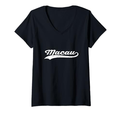 Damen Macau China Vintage Kursiver Stadtname Urlaubsmodus T-Shirt mit V-Ausschnitt von Vintage Distressed City Name Travel Sports Style