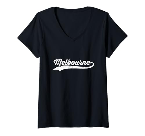Damen Melbourne Australien Vintage Kursive Stadt Name Urlaub Modus T-Shirt mit V-Ausschnitt Damen Melbourne Australien Vintage Kursive Stadt Name Urlaub Modus T-Shirt mit V-Ausschnitt von Vintage Distressed City Name Travel Sports Style