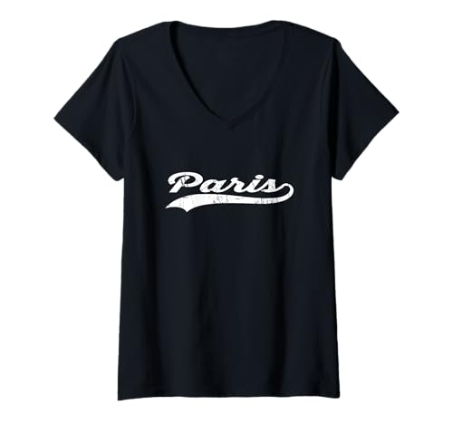 Damen Paris Frankreich Vintage Kursiv Stadt Name Urlaub Modus T-Shirt mit V-Ausschnitt von Vintage Distressed City Name Travel Sports Style
