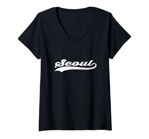 Damen Seoul Korea Vintage Kursiver Stadtname Urlaubsmodus T-Shirt mit V-Ausschnitt Damen Seoul Korea Vintage Kursiver Stadtname Urlaubsmodus T-Shirt mit V-Ausschnitt von Vintage Distressed City Name Travel Sports Style