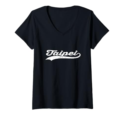 Damen Taipeh Taiwan Vintage Kursiver Stadtname Urlaubsmodus T-Shirt mit V-Ausschnitt Damen Taipeh Taiwan Vintage Kursiver Stadtname Urlaubsmodus T-Shirt mit V-Ausschnitt von Vintage Distressed City Name Travel Sports Style