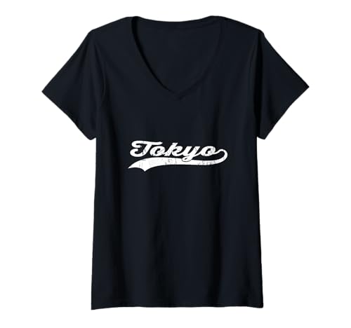 Damen Tokyo Japan Vintage Kursiver Stadtname Urlaubsmodus T-Shirt mit V-Ausschnitt Damen Tokyo Japan Vintage Kursiver Stadtname Urlaubsmodus T-Shirt mit V-Ausschnitt von Vintage Distressed City Name Travel Sports Style