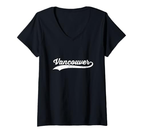 Damen Vancouver Kanada Vintage Kursiver Stadtname Urlaubsmodus T-Shirt mit V-Ausschnitt von Vintage Distressed City Name Travel Sports Style