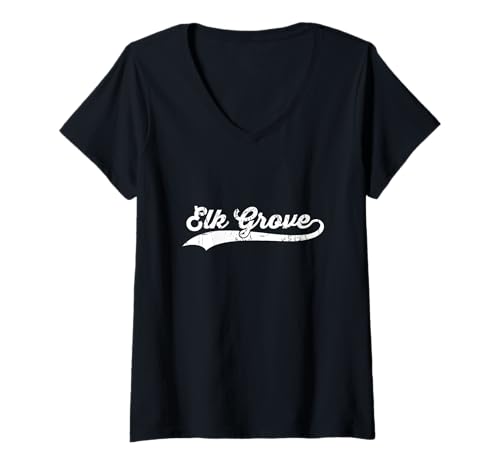 Damen Elk Grove California im Vintage-Stil, kursiv, US-amerikanischer Stadtname, Retro T-Shirt mit V-Ausschnitt von Vintage Distressed USA City Name Sports Style