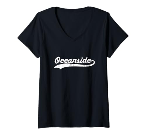 Damen Oceanside California im Vintage-Stil, kursiv, US-amerikanischer Stadtname, Retro T-Shirt mit V-Ausschnitt von Vintage Distressed USA City Name Sports Style