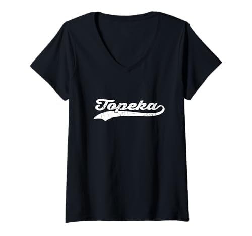 Damen Topeka Kansas Retro Sports, kursiv, US-amerikanischer Stadtname T-Shirt mit V-Ausschnitt von Vintage Distressed USA City Name Sports Style