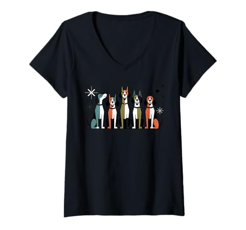 Damen Retro Mitte des Jahrhunderts modern T-Shirt mit V-Ausschnitt von Vintage Dog Mitte des Jahrhunderts moderne 50er