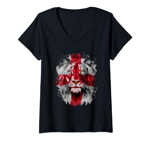 Damen Vintage England National Flag Lion Face English England Flag T-Shirt mit V-Ausschnitt Damen Vintage England National Flag Lion Face English England Flag T-Shirt mit V-Ausschnitt von Vintage England Flag