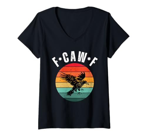 Damen F-Caw-F Lustiger schwarzer Vogel Retro Sonnenuntergang Erwachsene Humor Krähenliebhaber T-Shirt mit V-Ausschnitt Damen F-Caw-F Lustiger schwarzer Vogel Retro Sonnenuntergang Erwachsene Humor Krähenliebhaber T-Shirt mit V-Ausschnitt von Vintage FCawF Sarcastic Crow Halloween Costume