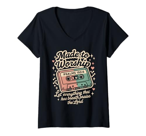 Damen Retro Kassette Made to Worship Psalms 150:6 Christian Music T-Shirt mit V-Ausschnitt Damen Retro Kassette Made to Worship Psalms 150:6 Christian Music T-Shirt mit V-Ausschnitt von Vintage Faith Praise Worship Scripture Apparel Co.