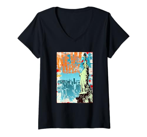 Damen Reiseposter Lady Liberty New York Skyline Grunge Style T-Shirt mit V-Ausschnitt Damen Reiseposter Lady Liberty New York Skyline Grunge Style T-Shirt mit V-Ausschnitt von Vintage Fashion