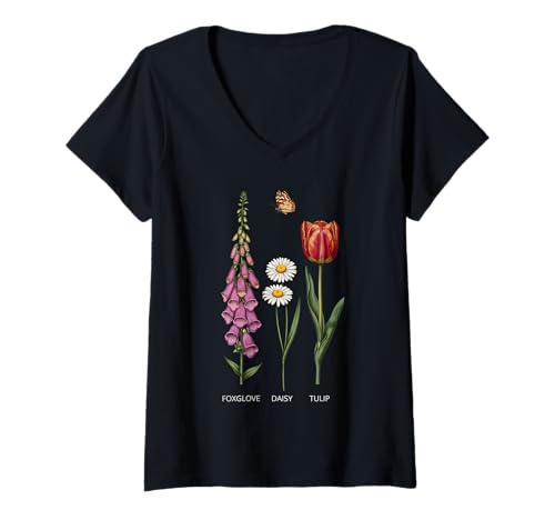 Damen Fingerhut Gänseblümchen Tulpe Vintage Botanische Blumen T-Shirt mit V-Ausschnitt von Vintage Floral Plant