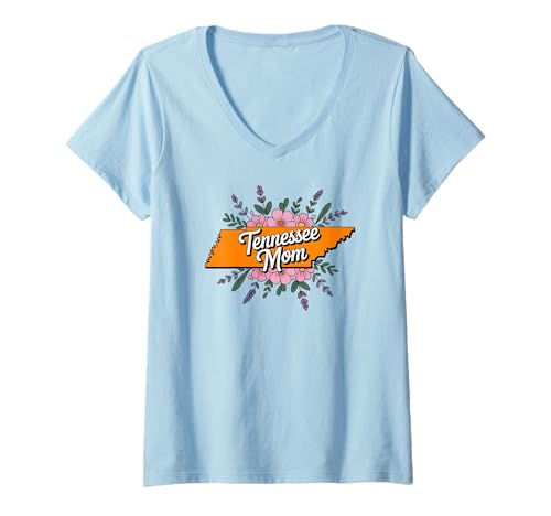 Damen Tennessee Mom State Outline Floral Design Cute T-Shirt mit V-Ausschnitt von Vintage Floral Tennessee Apparel for Women
