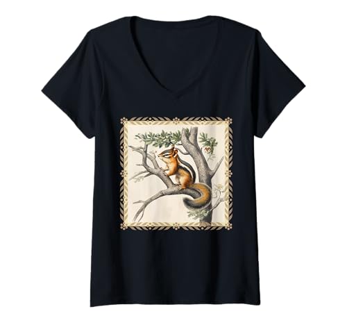Damen Vintage Streifenhörnchen-Illustration für Naturliebhaber T-Shirt mit V-Ausschnitt Damen Vintage Streifenhörnchen-Illustration für Naturliebhaber T-Shirt mit V-Ausschnitt von Vintage Forest Creatures