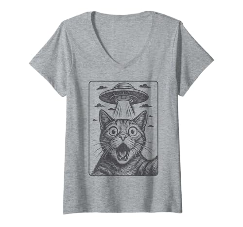 Damen Katze Selfie Alien UFO Vintage Lustige Katzen Liebhaber Männer Frauen Kinder T-Shirt mit V-Ausschnitt von Vintage Funny Cat Selfie UFO Cats lover Men Women